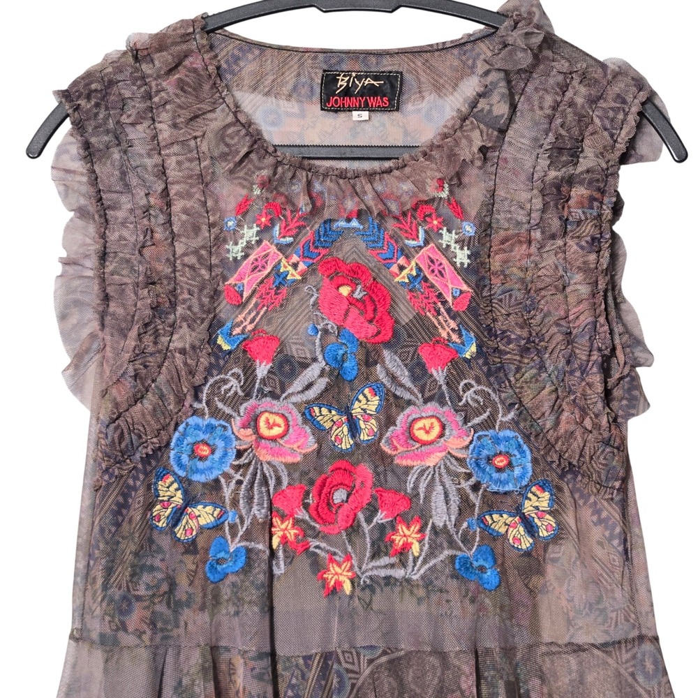 Johnny Was Biya Burnette Mesh Overlay Embroidered Dress Lined S Fairy Grunge - Picture 2 of 10
